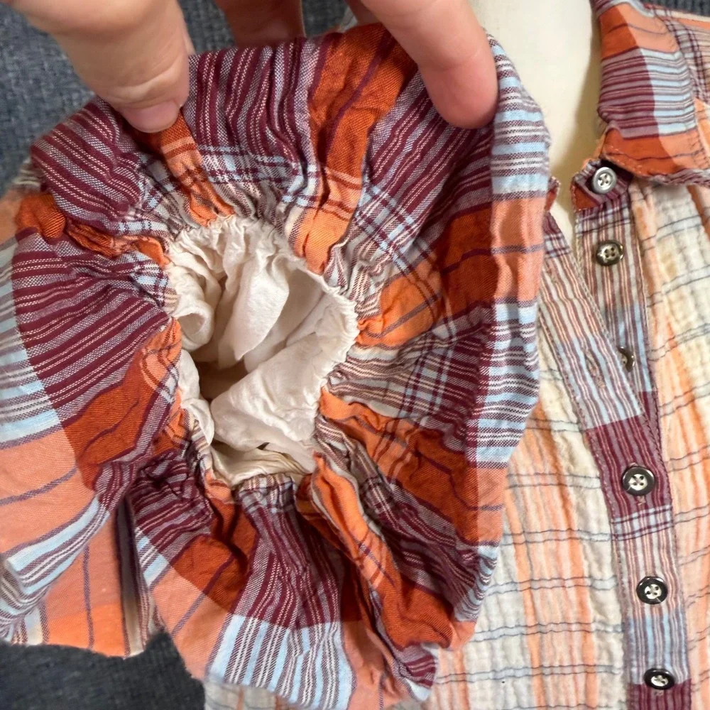 We The Free Plaid Oversized Babydoll Tunic Top S Pockets Puff Gauze Boho Western